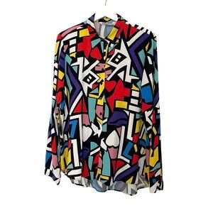 Big Dart Vintage Womens Blouse Large 90's Graphic Geometric Heart Swan Print